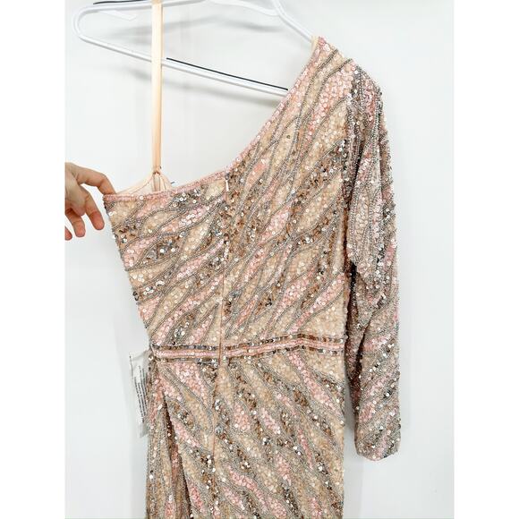 Mac Duggal 4982 Rose Gold Embellished One Sleeve Gown w/ Sequin Belt - Picture 7 of 8